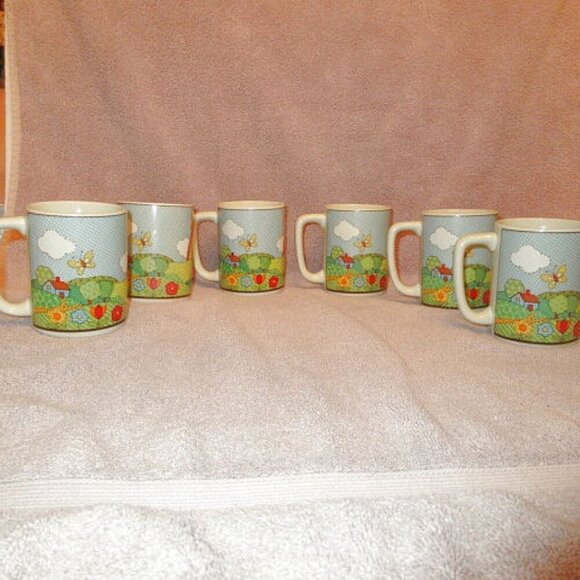 SET OF 6 Vintage OTAGIRI Butterfly RAINBOW Coffee MUGS Cross Stitch HOUSE Bird - Picture 3 of 10